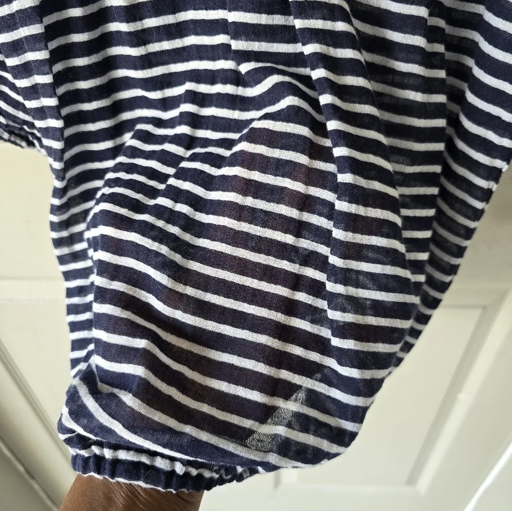 J Crew Sheeer Blouse  Medium Women Navy Blue White Striped Cotton See Thru